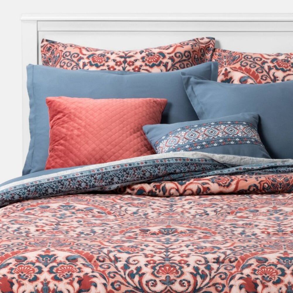 Threshold Coral and Blue Patterned Comforter Set